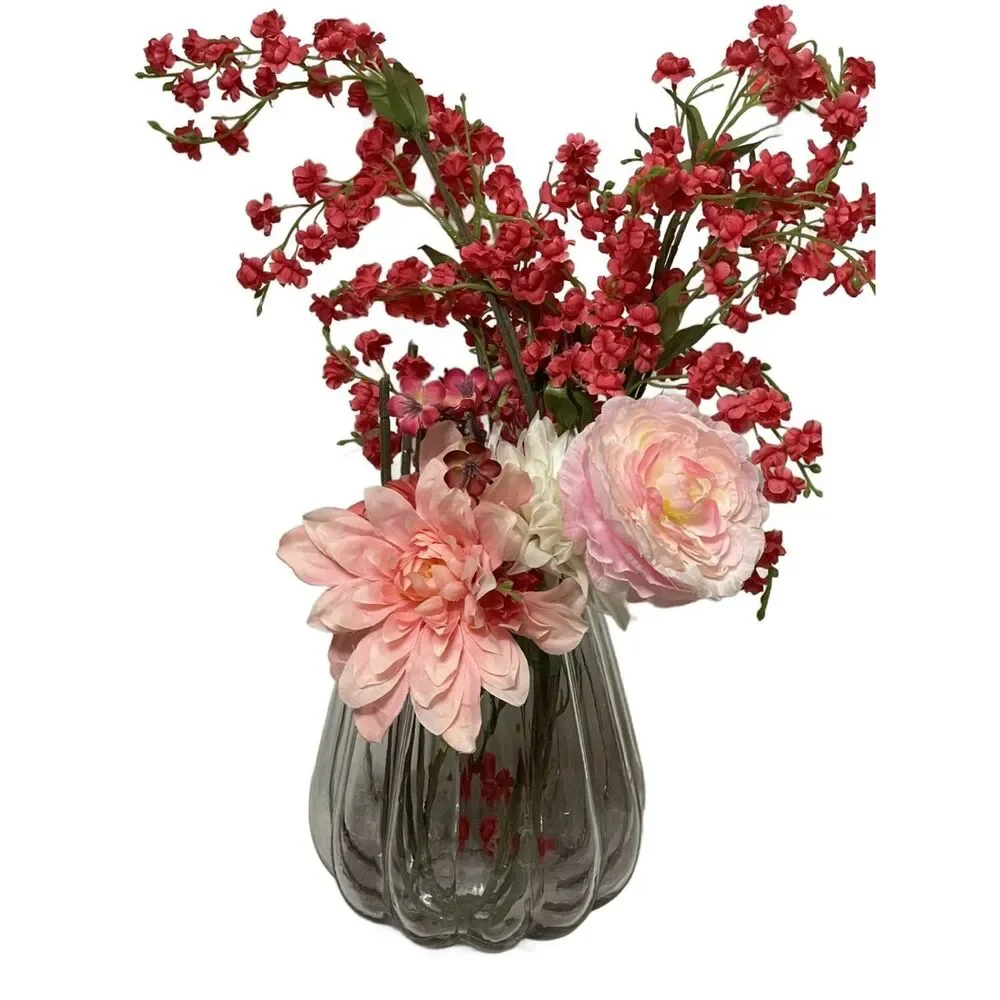 Elegant Large Clear Glass Ribbed Vase - Home Accents (8”H - 7” W) W/Faux Flowers